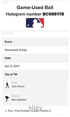 2017 WBC Venezuela vs Italy Jose Altuve Hit Foul Game Used Ball Mike DeMark