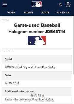 2018 Bryce Harper Game Used Home Run Derby Baseball MLB COA Champ MVP Ball HR