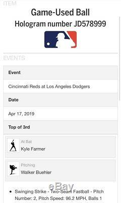 2019 WALKER BUEHLER Game Used SIGNED Inscribed Baseball 4/17/19 Strike G/U Auto