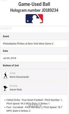 Aaron Nola To Kevin Kaczmarski Game Used Baseball Mets vs Phillies MLB