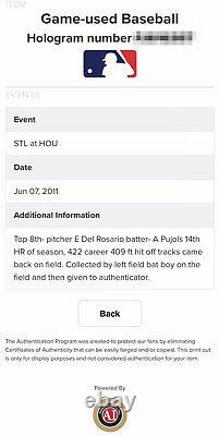Albert Pujols St. Louis Cardinals Game Used Home Run #422 Baseball MLB HOLO COA