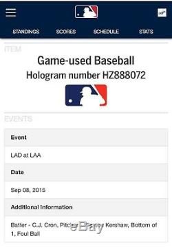 CLAYTON KERSHAW Game Used SIGNED Baseball Dodgers 9/8/15 MLB PSA Authentication