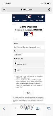 Christian Yelich Milwaukee Brewers Game Used Baseball Triple MLB Auth 2019