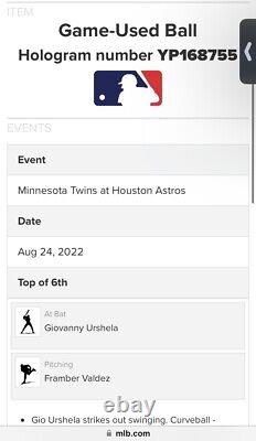 Framber Valdez STRIKEOUT Game Used Baseball Houston vs Twins 8/24/22- Urshela K
