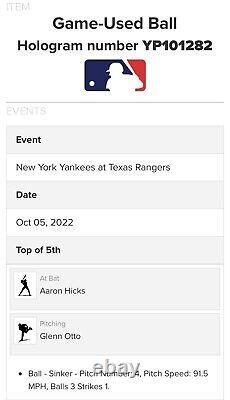 Game Used Baseball MLB Authentic 10-5-22 New York Yankees Last Game- Aaron Hicks