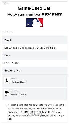Harrison Bader Autographed Game Used Ball 9/7/21 MLB & Beckett COA Yankees