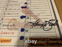 Harrison Bader MLB Debut Game Used Line Up Card Auto Cardinals JSA MLB COA 1/1