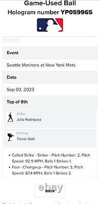 JULIO RODRIGUEZ Game Used Baseball MLB Authenticated 9/3/23