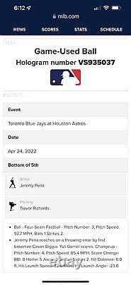Jeremy Pena Astros Game Used Baseball 4/24/2022 Blue Jays 60 Years Logo HIT RBI