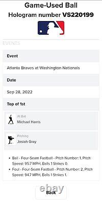 MICHAEL HARRIS (Career AB #393 vs. JOSIAH GRAY) MLB Game Used Baseball 9/28/22
