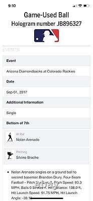 Nolan Arenado MLB Game Used Single Baseball 9/1/17 Arizona vs Rockies Hit #770
