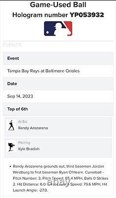 Orioles Heston Kjerstad MLB Debut Game Used Baseball vs Tampa Bay Rays 9/14/2023