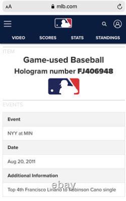Robinson Cano YANKEES Career Hit 1222 Single 4/20/11 Game Used Baseball MLB Holo
