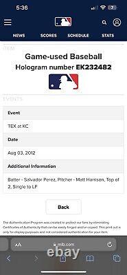 Salvador Perez Game Used Baseball Single Rangers Kansas City Royals 8/3/12 Mlb