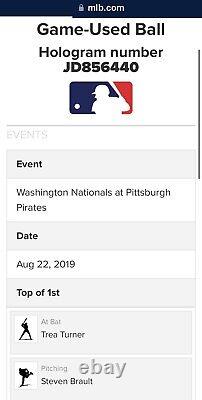 Trea Turner Career Hit #521 Game Used Baseball Career 2B #91 Nationals MLB