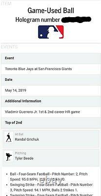 VLADIMIR GUERRERO Jr 1st home run GAME USED baseball 5/14/19 MLB Authenticated