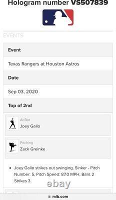 Zack Greinke STRIKEOUT (Gallo) & 2B (Trevino) Game Used Baseball v Texas 9/3/20