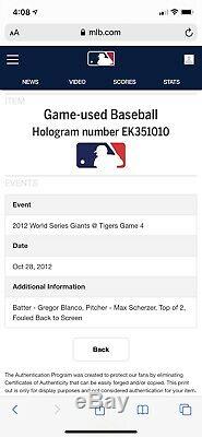 2012 Jeu Occasion World Series Baseball Jeu 4 San Francisco Giants Max Scherzer