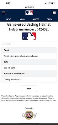2018 Dansby Swanson Jeu Utilisé Atlanta Braves Home Batting Helmet With 2018 Posts