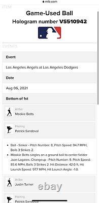 2021 Jeu Utilisé Baseball Mookie Betts Single Dodgers 8/6/21 Mlb Authentification