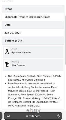 2021 Orioles Mountcastle MLB Utilisé lors du 6e match de baseball à domicile HR Club Rookie RC Record 1/1