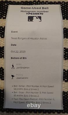 2023 ALCS Match #6 Texas Rangers @ Houston Balle Utilisée lors du Match (Leclerc-Singleton)