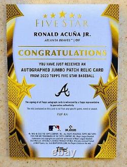 2023 Topps Five Star Ronald Acuna Jr. JUMBO PATCH AUTO #/25 GAME USED #FSJP-RA
 	<br/> 
	 <br/>
Traduction en français : 2023 Topps Five Star Ronald Acuna Jr. JUMBO PATCH AUTO #/25 UTILISÉ EN JEU #FSJP-RA