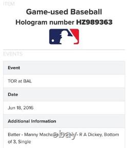 6/18/16 Manny Machado Baltimore Orioles Game Used Single Baseball Hit 596 Padres <br/><br/>Traduction en français : 	 <br/>
6/18/16 Manny Machado Baltimore Orioles jeu utilisé unique baseball frappé 596 Padres