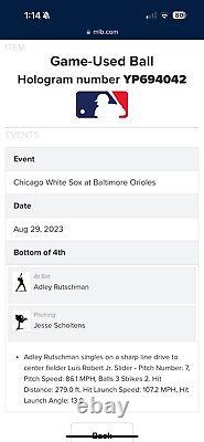 Adley Rutschman Baseball utilisé en match le 29/08/23 Simple 2-4 Match gagné par les Orioles 9-3