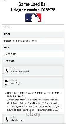 Andrew Benintendi Boston Red Sox Game Used Baseball (j. D. Martinez) Mlb Auth'd