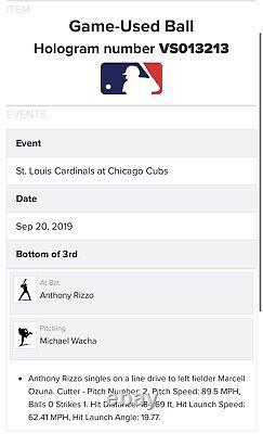 Anthony Rizzo Jeu Utilisé Hit Simple Balle De Baseball Mlb Hologram Chicago Cubs