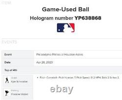 Astros Phillies BALLE DE BASEBALL UTILISÉE LORS DU MATCH 042823 MLB Framber Valdez Kyle Schwarber