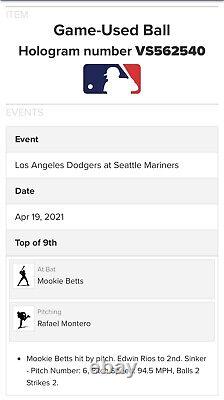 Balle de baseball utilisée dans le jeu 19/04/2021 Mookie Betts Dodgers touché par un lancer 23e HBP
