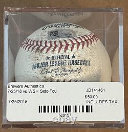 Balle de baseball utilisée en jeu par Juan Soto, authentifiée par la MLB, année de recrue 2018.