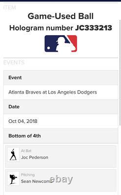 Balle de baseball utilisée lors des séries éliminatoires 2018 de Joc Pederson authentifiée par la MLB.