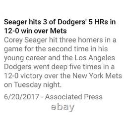 Balle signée COREY SEAGER & CODY BELLINGER, 3 circuits utilisés lors du match, PSA MLB AUTH 2017