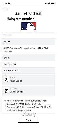 'Baseball utilisé par Aaron Judge lors des séries éliminatoires de la MLB le 9 octobre 2017, Yankees contre Indians'