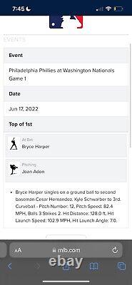 Bryce Harper Phillies 2022 Match utilisé Single 1B 17/06/2022 contre les Nationals