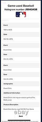 David Ortiz Boston Red Sox Jeu Utilisé Baseball Dernier Match Signé Authentifié MLB Authentifié