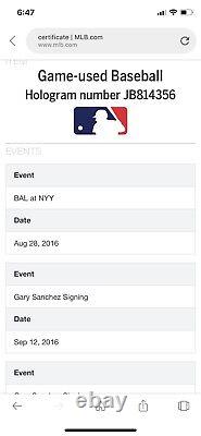 Gary Sanchez Balle de baseball utilisée lors de sa première année en tant que recrue, signée le 28/08/16