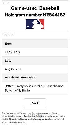 Jimmy Rollins Jeu D'occasion Baseball Ball La Los Angeles Dodgers 8/2/2015 Single