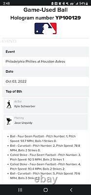 Kyle Schwraber Phillies Astros 10/3/22 Jeu Utilisé Ball Wildcard Clinch Space City
