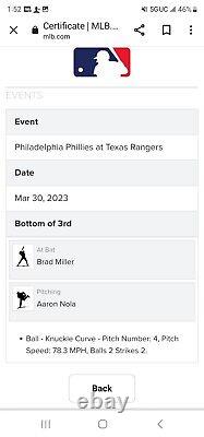 Les Texas Rangers 2023 Jour d'ouverture du jeu Utilisé Baseball Mlb Aaron Nola Brad Miller