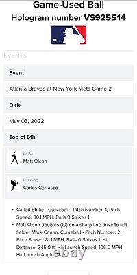 Matt Olson (2b/carrière Hit #543) Braves Vs. Mets 5/3/22 Mlb Jeu De Baseball Utilisé