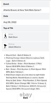 Matt Olson (braves Rbi Single) Jeu De Baseball Utilisé. Mlb Authentifiée 8/6/22