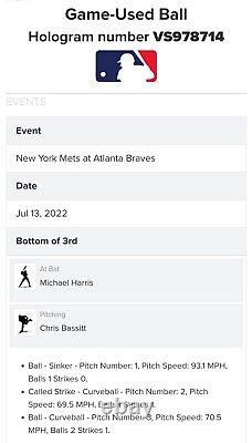 Michael Harris Braves d'Atlanta contre les Mets le 13 juillet 2022 Balle de baseball utilisée lors du match