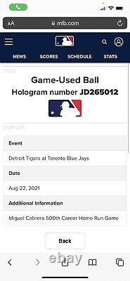 Miguel Cabrera Detroit Tigers Balle de baseball utilisée lors du match du 500e circuit MLB Auto LOA