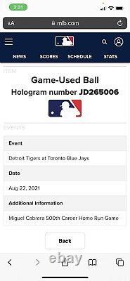 Miguel Cabrera Detroit Tigers Jeu utilisé Baseball 500e HR Jeu MLB Beckett LOA