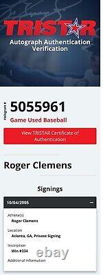 Roger Clemens Astros Jeu utilisé Baseball Carrière Victoire 334 6/22/05 MLB Auth LOA Auto