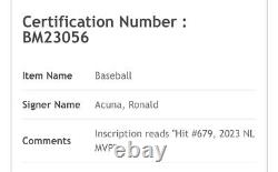 Ronald Acuna Jr 2023 Jeu Utilisé Coup de Baseball Signé Inscription COA MVP #679